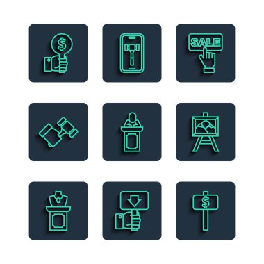 Açık arttırma mücevher satışı, açık arttırma raketi, satış etiketi, açık arttırma satışı, çekiç ve resim ikonu. Vektör