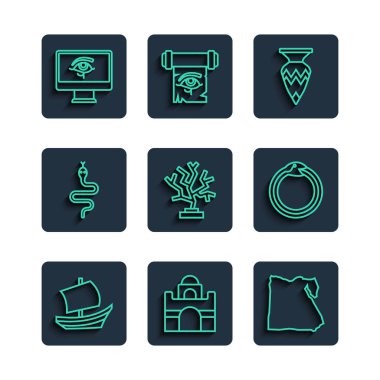 Mısır gemisi, evi, vazo, mercan, yılan, göz horusu haritasını monitörde ve sihirli sembol Ouroboros ikonunda ayarla. Vektör