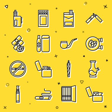Line Lighter, Bong, Tobacco leaf shop, Cigarettes pack box, Electronic cigarette, Medical nicotine yamaları, Vape mod cihazı ve pipo tüttürme ikonu yok. Vektör