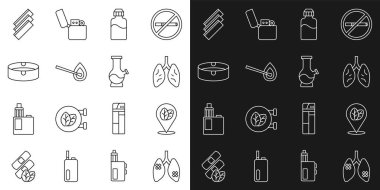 Ciğerler, tütün yaprağı, akciğerler, Vape sıvı şişesi, yanan kibrit, kül tablası, sigara sarma kağıtları ve Bong ikonu. Vektör