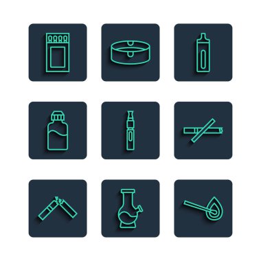 Kırık sigara, nargile, ateşle yanan kibrit, elektronik, Vape sıvı şişe, kibrit kutusu ve kibrit kutusu ve sigara ikonu yok. Vektör