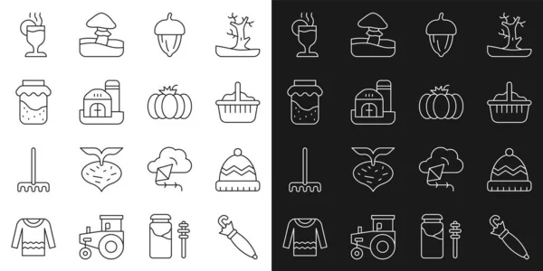 Set line Parapluie, chapeau d'hiver, panier, maïs, ferme, pot de confiture, vin chaud et icône de citrouille. Vecteur — Image vectorielle