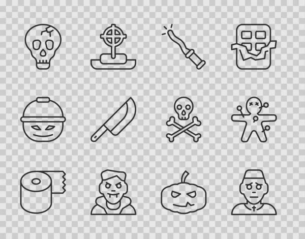 Set line Toilet paper roll, Priest, Magic wand, Vampire, Skull, Knife, Pumpkin and Voodoo doll icon. Vector — Stock Vector