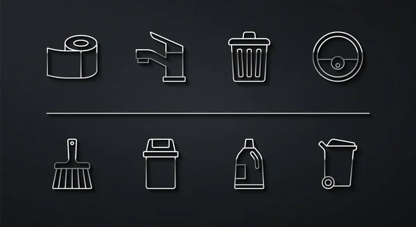 Set line Rollo de papel higiénico, escoba de mango, aspiradora de robot, botella para agente de limpieza, bote de basura, grifo de agua e icono. Vector — Vector de stock