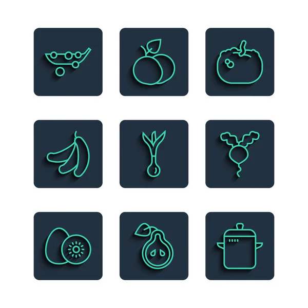 Nastavit řádek Kiwi ovoce, hrušky, hrnce na vaření, dýně, cibule, banán, hrášek a ředkvička ikona. Vektor — Stockový vektor