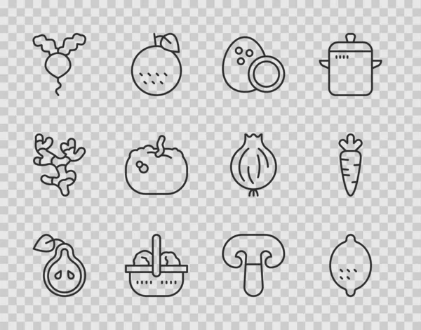 Набор линии Груша, лимон, кокос, корзина и еда, редис, тыква, гриб и морковь икона. Вектор — стоковый вектор