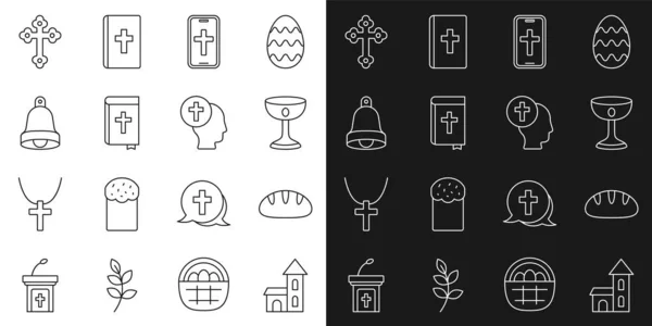 Setzen Sie Linie Kirchengebäude, christliches Brot, Kelch, Telefon-Kreuz, Bibelbuch, Glocke und Priester-Ikone. Vektor — Stockvektor