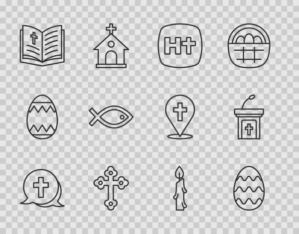 Aufstellung Christenkreuz, Osterei, Heiliges Bibelbuch, Fischsymbol, Brennende Kerze und Ikone der Kirchentribüne. Vektor — Stockvektor