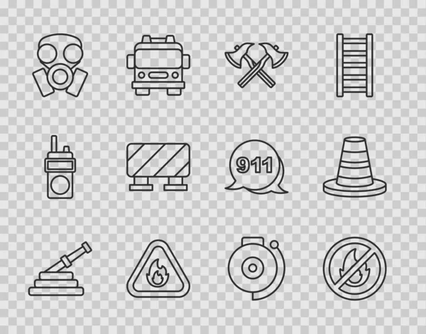 Set line Fire hose reel, No fire, Firefighter axe, flame in triangle, Gas mask, Road barrier, Ringing alarm bell and Traffic cone icon. Vector — Stock Vector