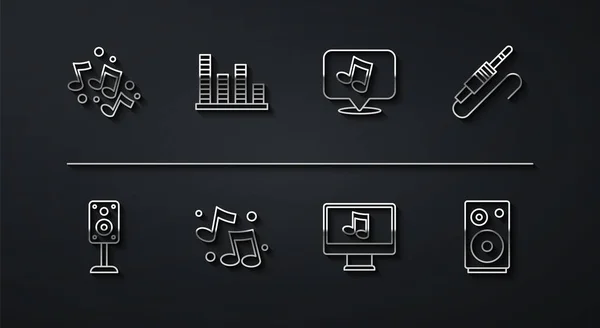 Definir linha Nota musical, tom, alto-falante estéreo, jack de áudio, computador com música, equalizador e ícone. Vetor — Vetor de Stock