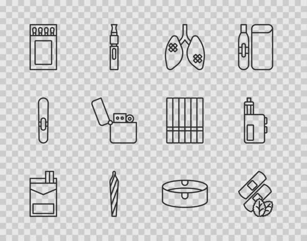 Set lijn Sigaretten verpakking doos, Medische nicotine pleisters, Ziekte longen, marihuana joint, spliff, luciferdoosje en lucifers, Lichter, Ashtray en Vape mod apparaat pictogram. Vector — Stockvector