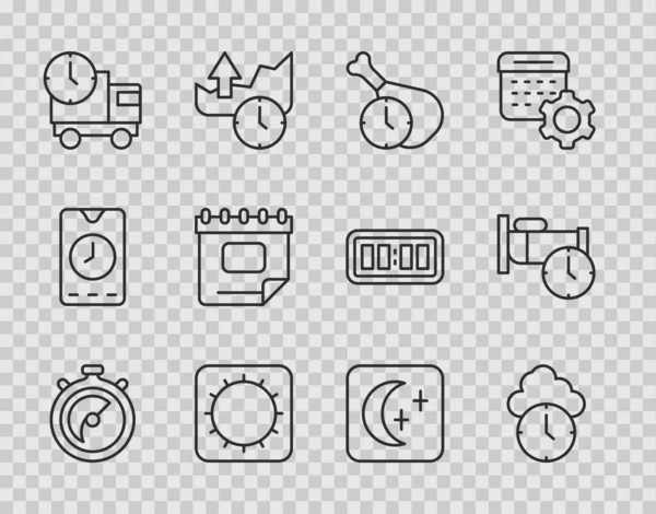 セットラインストップウォッチ、クロック、フードタイム、太陽、デリバリートラックと、カレンダー、ムーンスターとタイムスリープアイコン。ベクトル — ストックベクタ