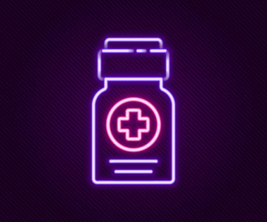 Parlayan neon hattı tıp şişesi simgesi siyah arka planda izole edildi. Şişe hapı işareti. Eczane tasarımı. Renkli taslak konsepti. Vektör