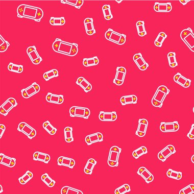 Satır taşınabilir video oyun konsolu simgesi kırmızı arkaplanda izole edilmiş dikişsiz desen. Av alanı tabelası. Oyun konsepti. Vektör