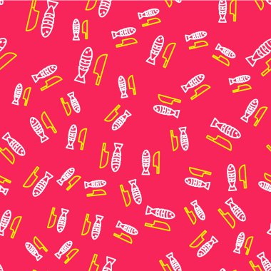 Bıçak ikonlu dilimlenmiş balık çizgisi kırmızı arka planda izole edilmiş. Vektör