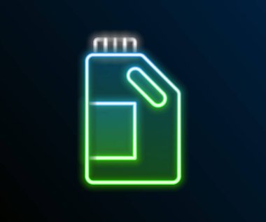Parlak neon hattı. Çamaşır deterjanı, çamaşır suyu, bulaşık deterjanı ya da siyah arka planda izole edilmiş başka bir temizlik maddesi ikonu için plastik şişe. Renkli taslak konsepti. Vektör