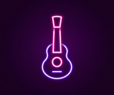 Parlayan neon hattı Gitar simgesi siyah arkaplanda izole edildi. Akustik gitar. Telli müzik aleti. Renkli taslak konsepti. Vektör