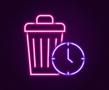 Parlayan neon hattı zaman israfı simgesi siyah arkaplanda izole edildi. Çöp tenekesi. Çöp kutusu tabelası. Sepet simgesini geri dönüştür. Ofis çöpü ikonu. Renkli taslak konsepti. Vektör