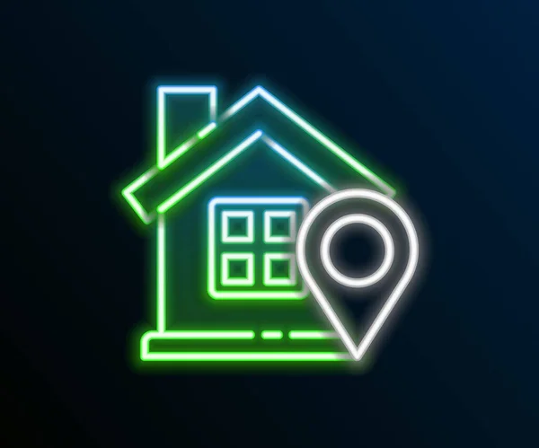 Linha de néon brilhante Mapa ponteiro com ícone de casa isolado no fundo preto. Símbolo do marcador de localização. Conceito de esboço colorido. Vetor — Vetor de Stock