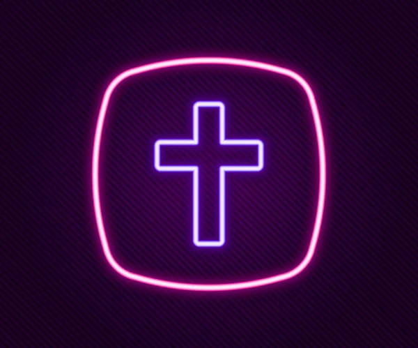 Icono de cruz cristiana de línea de neón brillante aislado sobre fondo negro. Cruz de iglesia. Concepto de esquema colorido. Vector — Vector de stock