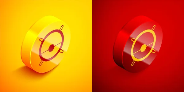 Isometric Robot vacuum cleaner icon isolated on orange and red background. Home smart appliance for automatic vacuuming, digital device for house cleaning. Circle button. Vector — Stock Vector