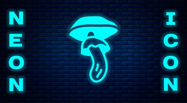 Zářící neon Psilocybin houba ikona izolované na cihlové zdi pozadí. Psychedelická halucinace. Vektor — Stockový vektor