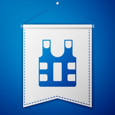 Mavi kurşungeçirmez yelek mavi arka planda izole edilmiş kurşun ikonundan korunmak için. Vücut zırhı işareti. Askeri kıyafetler. Beyaz flama şablonu. Vektör