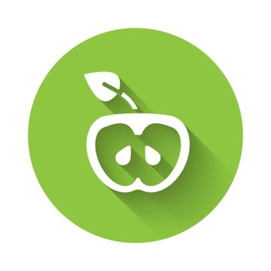 Beyaz Elma simgesi uzun gölge arkaplan izole. Fazla kilolu. Sağlıklı diyet menüsü. Fitness diyeti elması. Yeşil daire düğmesi. Vektör