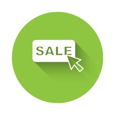 Beyaz Fiyat etiketi, uzun gölge arkaplan ile izole edilmiş bir satış simgesi. Rozet fiyatına. Reklam etiketi indirimi. Yeşil daire düğmesi. Vektör