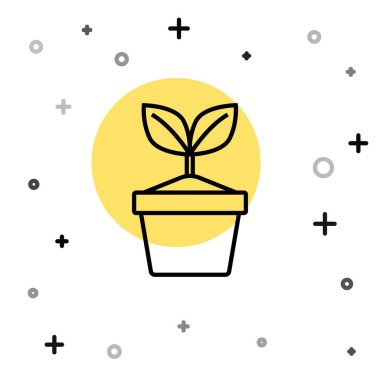 Esrar ikonundaki siyah çizgi bitkisi beyaz arkaplanda izole edilmiş. Tencerede yetişen bir bitki. Saksı bitkisi işareti. Rastgele dinamik şekiller. Vektör