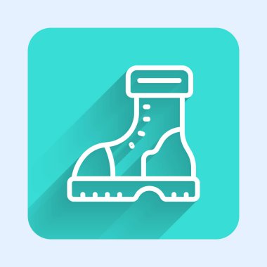 Uzun gölgeli, su geçirmez lastik bot ikonu. Yağmurlu hava, balıkçılık, bahçe işleri için çizme. Yeşil kare düğmesi. Vektör