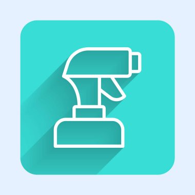 Beyaz çizgi boyalı sprey tabanca ikonu uzun gölge arkaplanı ile izole edilmiş. Yeşil kare düğmesi. Vektör