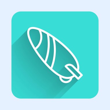 Beyaz çizgi sörf tahtası simgesi uzun gölge arkaplan izole. Sörf tahtası. Olağanüstü bir spor. Spor malzemeleri. Yeşil kare düğmesi. Vektör