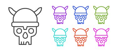 Beyaz arka planda siyah çizgili kafatası ve Viking miğferi simgesi var. Mutlu Cadılar Bayramı Partisi. Simgeleri renklendirin. Vektör