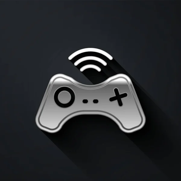 Icona gamepad Silver Wireless isolata su sfondo nero. Controllore di gioco. Lungo stile ombra. Vettore — Vettoriale Stock