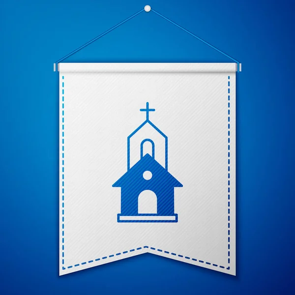 Голубая икона здания церкви на синем фоне. Христианская церковь Религия церкви. Шаблон белого вымпела. Вектор — стоковый вектор