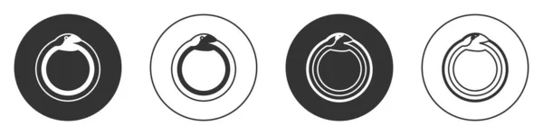 Svart magi symbol för Ouroboros ikon isolerad på vit bakgrund. Orm biter sin egen svans. Djur och oändlighet, mytologi och orm. Cirkelknappen. Vektor — Stock vektor