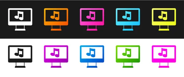 Establezca Ordenador con símbolo de nota musical en el icono de la pantalla aislado sobre fondo blanco y negro. Vector — Vector de stock