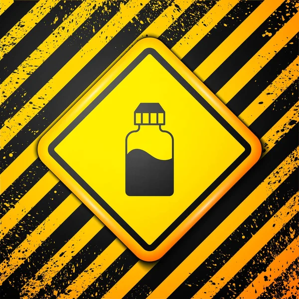 黄色の背景に隔離された電子タバコアイコンのためのブラックVape液体ボトル。警告サインだ。ベクトル — ストックベクタ