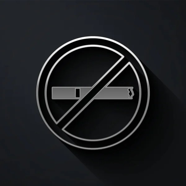 Silver No smoking icon isolated on black background. Cigarette smoking prohibited sign. Long shadow style. Vector — Stock Vector