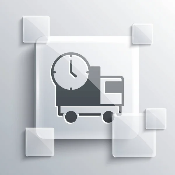 Grey Logistics entrega caminhão e ícone de tempo isolado em fundo cinza. Ícone do prazo de entrega. Painéis de vidro quadrados. Vetor —  Vetores de Stock
