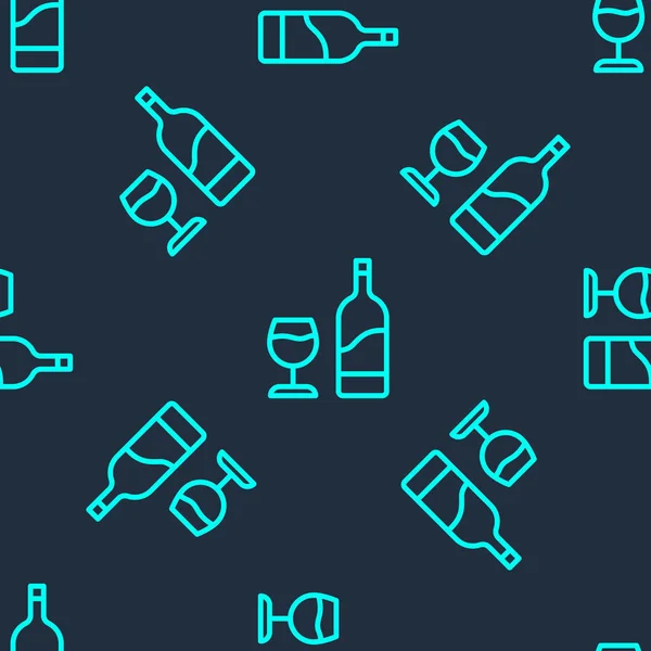 Πράσινη γραμμή Μπουκάλι κρασιού με το εικονίδιο γυαλί απομονωμένη αδιάλειπτη μοτίβο σε μπλε φόντο. Διάνυσμα — Διανυσματικό Αρχείο
