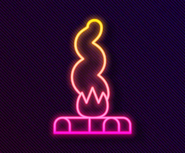 Gloeiende neon lijn Campfire icoon geïsoleerd op zwarte achtergrond. Brandend kampvuur met hout. Vector — Stockvector