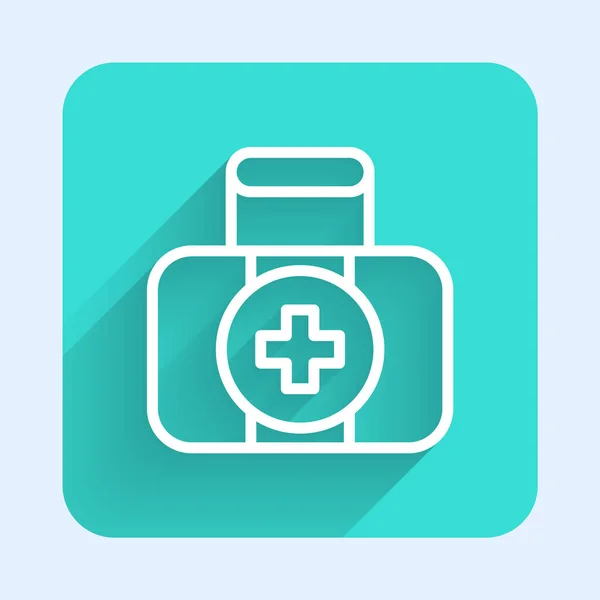White line First aid kit icon isolated with long shadow background. Medical box with cross. Medical equipment for emergency. Healthcare concept. Green square button. Vector — Stock Vector