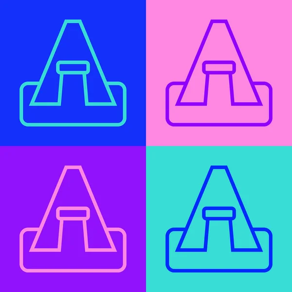 Pop art line Turistické stan ikona izolované na barevném pozadí. Kempingový symbol. Vektor — Stockový vektor