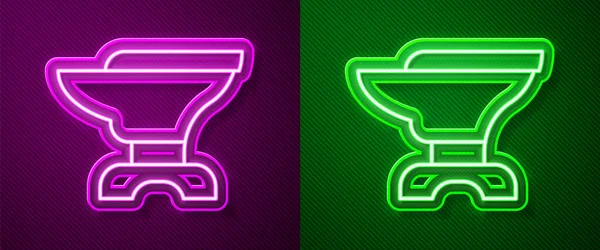 Glowing neon line Anvil for blacksmithing and hammer icon isolated on purple and green background. Metal forging. Forge tool. Vector — Stock Vector