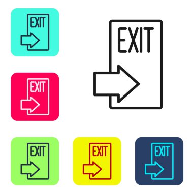 Beyaz arkaplanda siyah çizgi yangın çıkış simgesi izole edildi. Acil durum ikonunu ateşle. Renkli kare düğmelerle simgeleri ayarla. Vektör