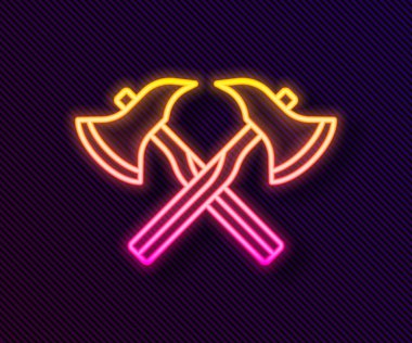 Parlayan neon hattı itfaiyeci balta simgesi siyah arka planda izole edildi. Yangın baltası. Vektör