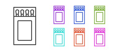 Siyah çizgi kibrit kutusunu aç ve beyaz arkaplanda izole edilmiş simgeyle eşleştir. Simgeleri renklendirin. Vektör