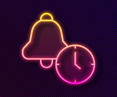 Parlayan neon hattı alarm saati simgesi siyah arkaplanda izole edildi. Uyan, kalk konsepti. Zaman işareti. Vektör